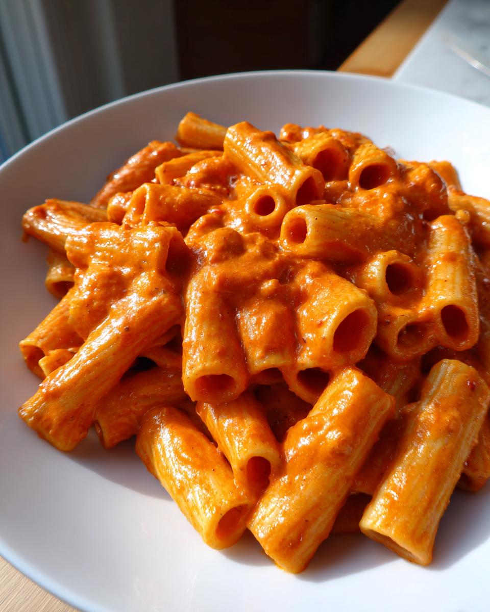 Close-up of rigatoni pasta coated thickly in a vibrant orange Creamy Roasted Red Pepper Pasta sauce, served in a white bowl.