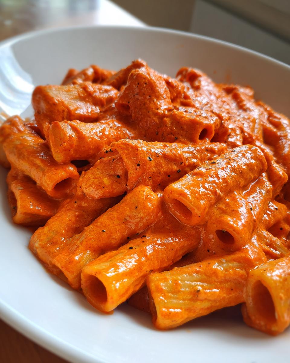 Close-up shot of rigatoni pasta coated thickly in bright orange Creamy Roasted Red Pepper Pasta sauce, served in a white bowl.