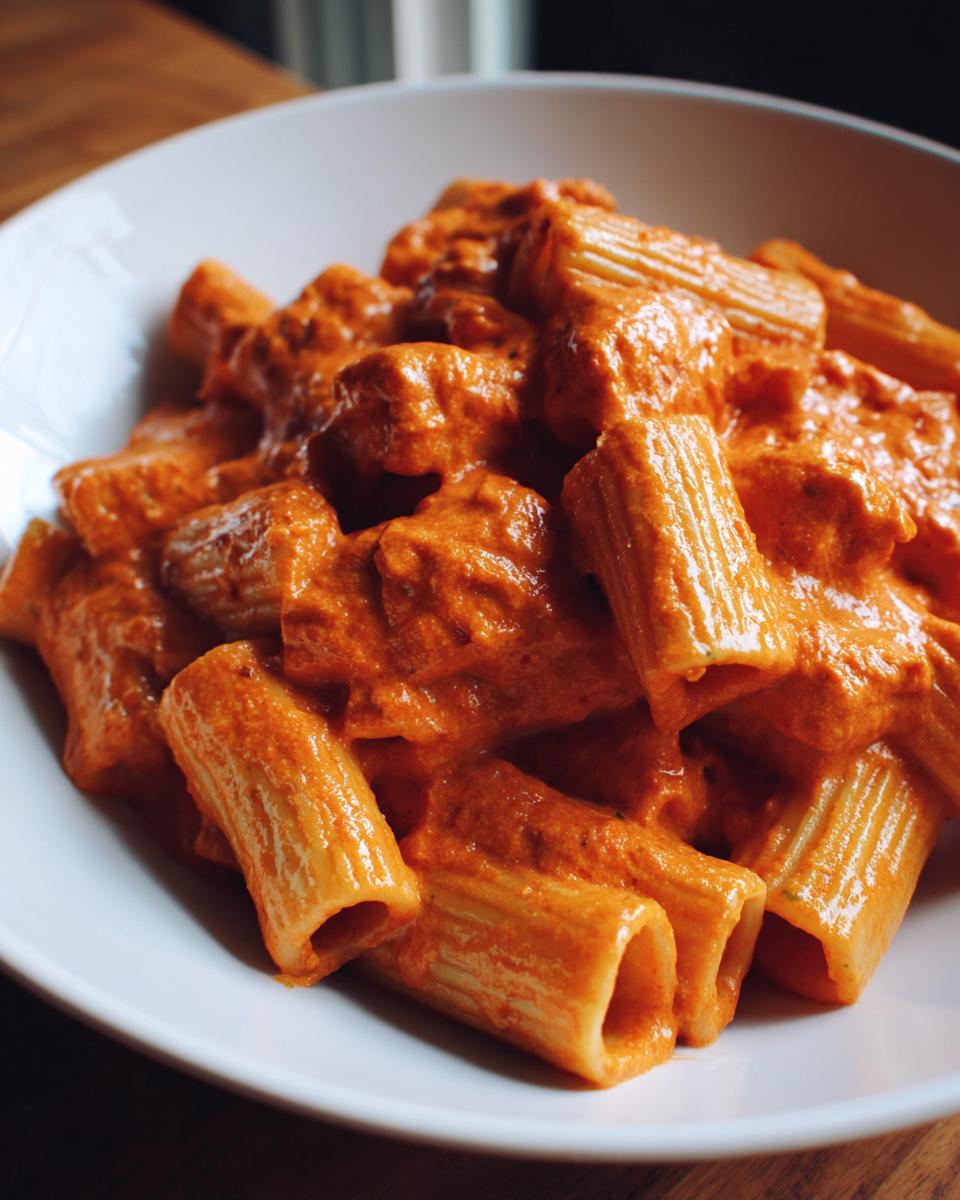 A close-up shot of rigatoni pasta coated thickly in a vibrant, orange-red Creamy Roasted Red Pepper Pasta sauce in a white bowl.