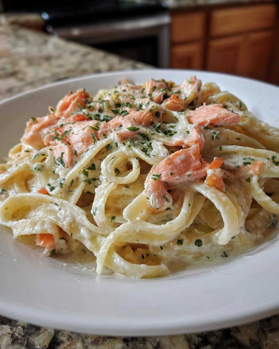A close-up of a white bowl filled with Creamy Salmon Alfredo Pasta, topped with flaked salmon and fresh parsley.