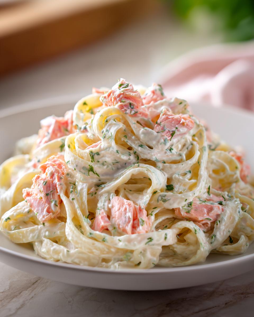 A close-up serving of rich Creamy Salmon Alfredo Pasta, featuring fettuccine noodles coated in white sauce and chunks of pink salmon.