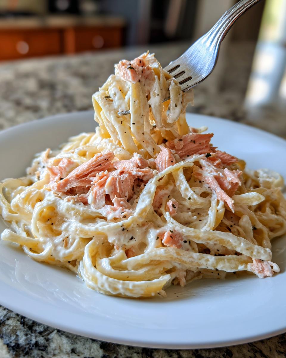 A fork lifting a bite of rich, creamy salmon alfredo pasta coated in white sauce and topped with flakes of pink salmon.