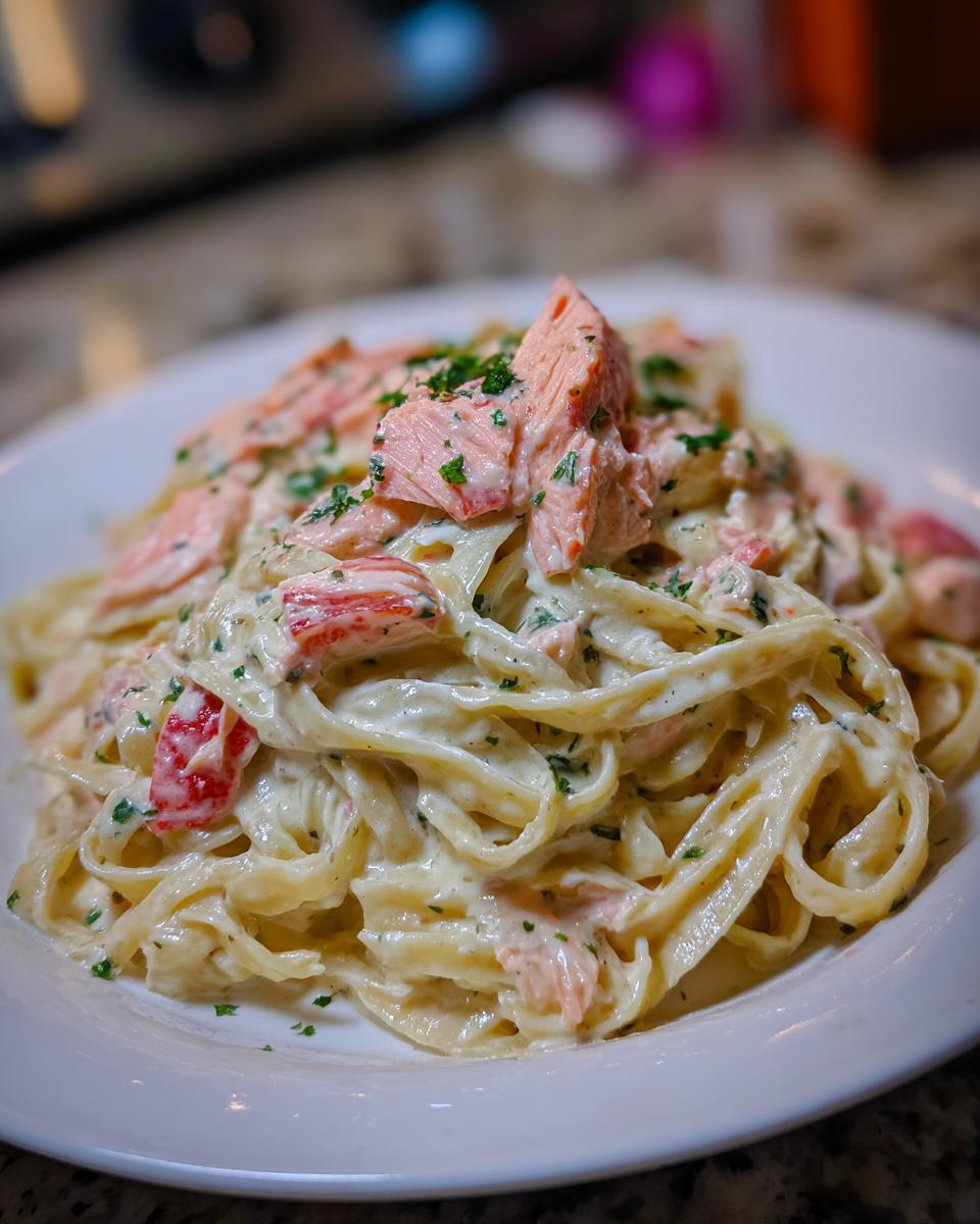 Close-up of fettuccine pasta tossed in rich, creamy sauce with chunks of pink salmon and topped with fresh parsley, representing Creamy Salmon Alfredo Pasta.