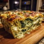 A thick, layered slice of Creamy Spinach Alfredo Lasagna with a golden, bubbly cheese top resting on a wooden cutting board.