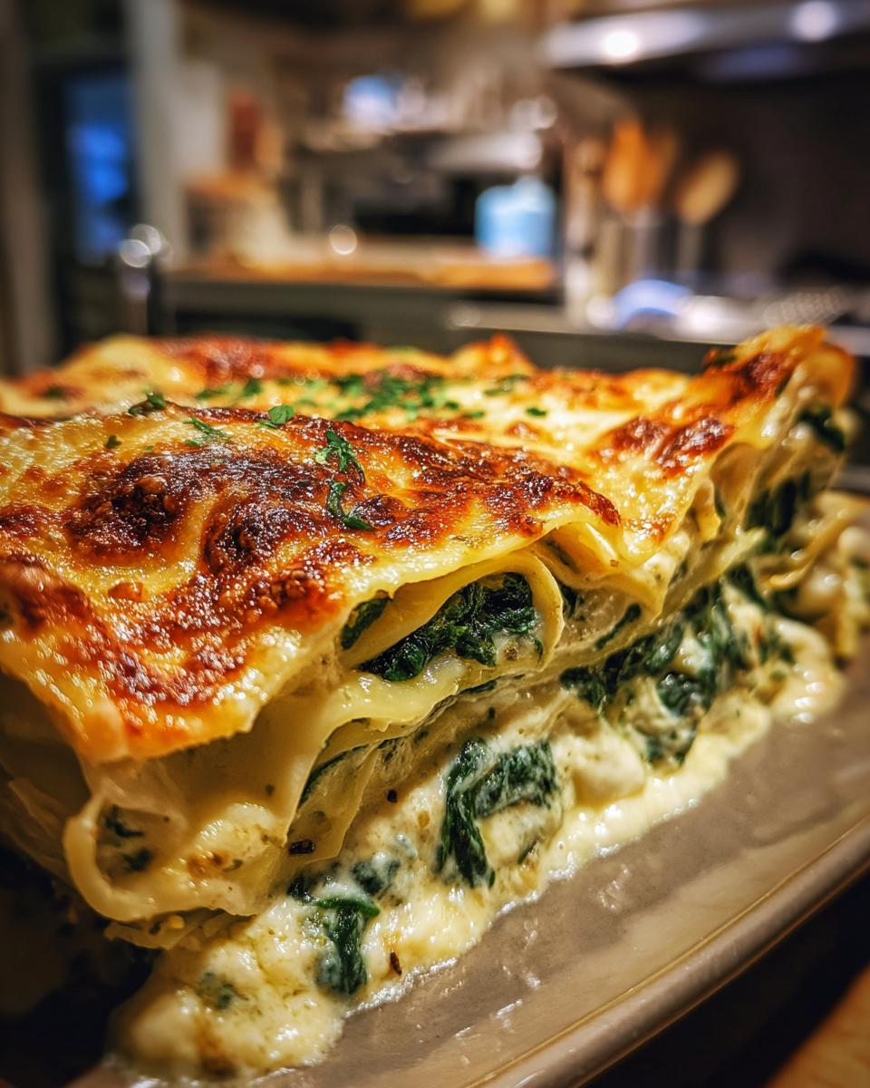 A rich, layered slice of Creamy Spinach Alfredo Lasagna with a bubbly, browned cheese top.