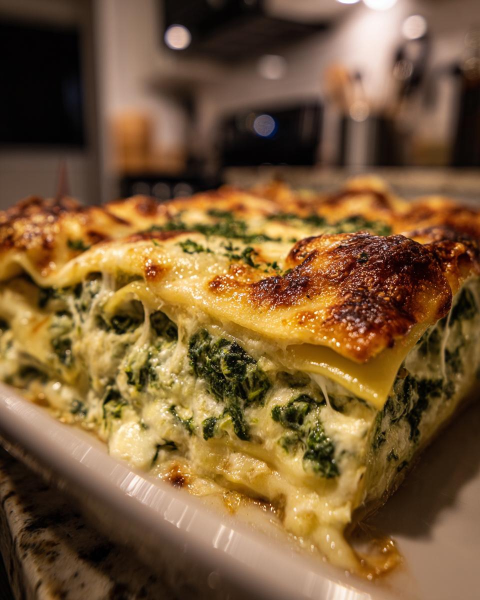 Close-up of a rich slice of Creamy Spinach Alfredo Lasagna showing layers of pasta, creamy sauce, and spinach filling.