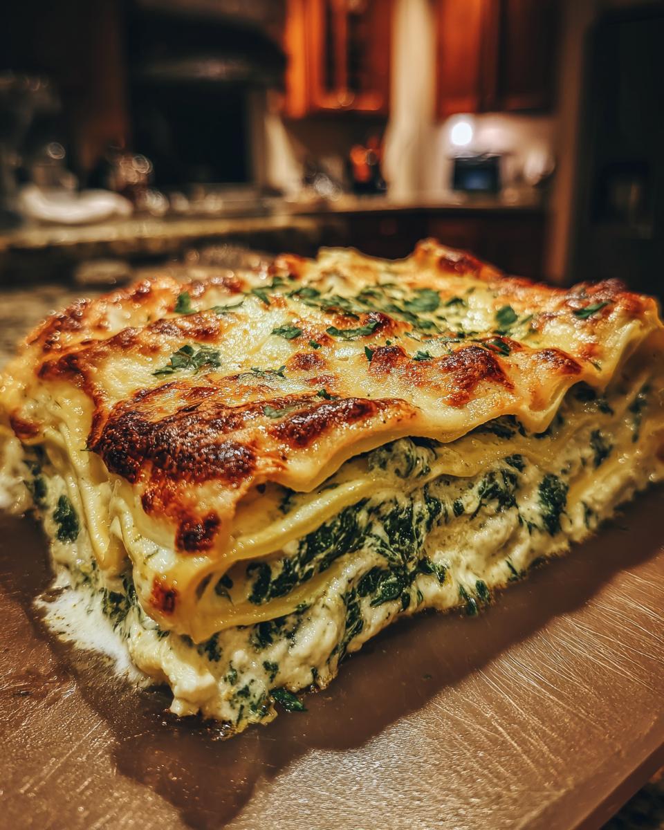 A generous slice of Creamy Spinach Alfredo Lasagna showing layers of pasta, creamy sauce, and spinach filling, topped with melted, browned cheese.