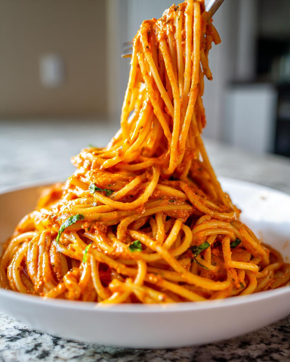 A fork lifting a generous swirl of spaghetti coated in rich Creamy Tomato Basil Pasta sauce from a white bowl.