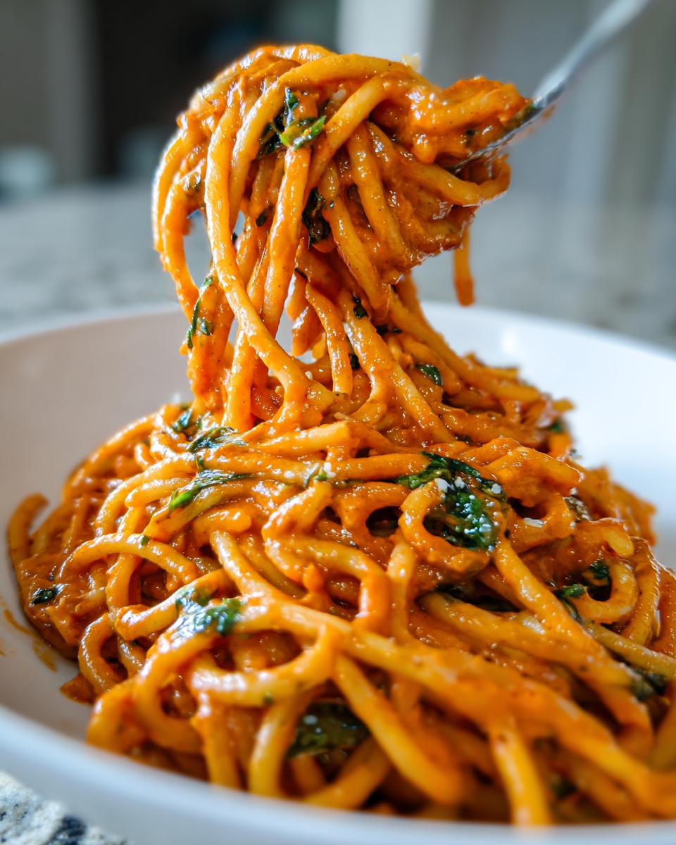 A fork lifts a generous twirl of spaghetti coated in rich Creamy Tomato Basil Pasta sauce with visible basil.
