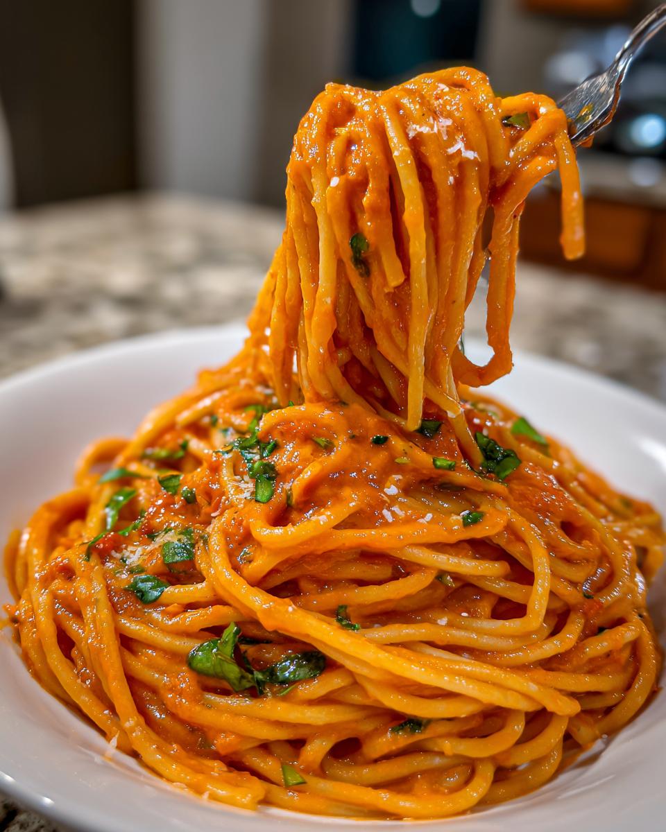 A fork lifts a generous twirl of spaghetti coated in rich, creamy tomato basil pasta sauce from a white bowl.