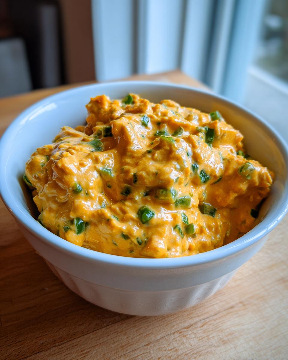 Close-up of thick, orange Vegan Jalapeno Queso Dip studded with bright green diced jalapenos in a white bowl.