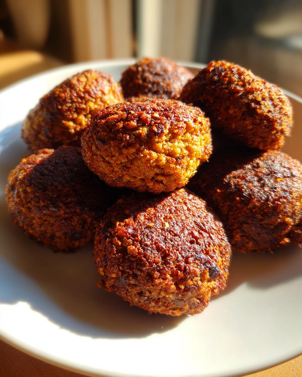 A close-up of several golden-brown, crispy baked falafel balls piled on a light plate.