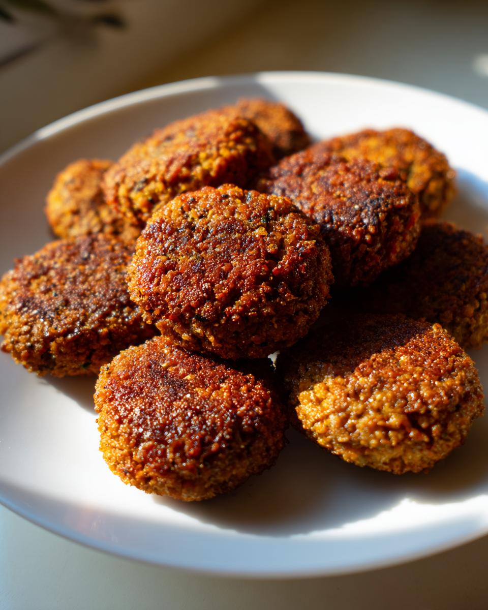 A pile of perfectly golden brown and crispy baked falafel patties stacked on a white plate.