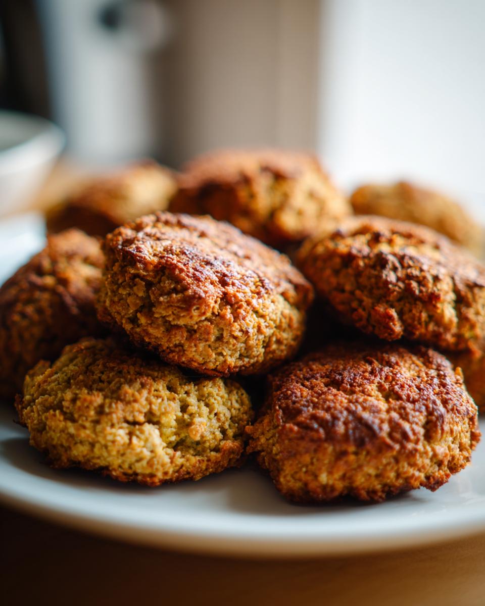 Close-up of several golden brown, crispy baked falafel patties stacked on a white plate.