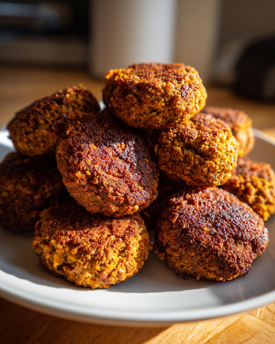 A close-up stack of golden-brown, crispy baked falafel patties resting on a light gray plate.