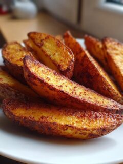 Close-up of several golden brown, seasoned Crispy Baked Jerk Potato Wedges arranged on a white plate.
