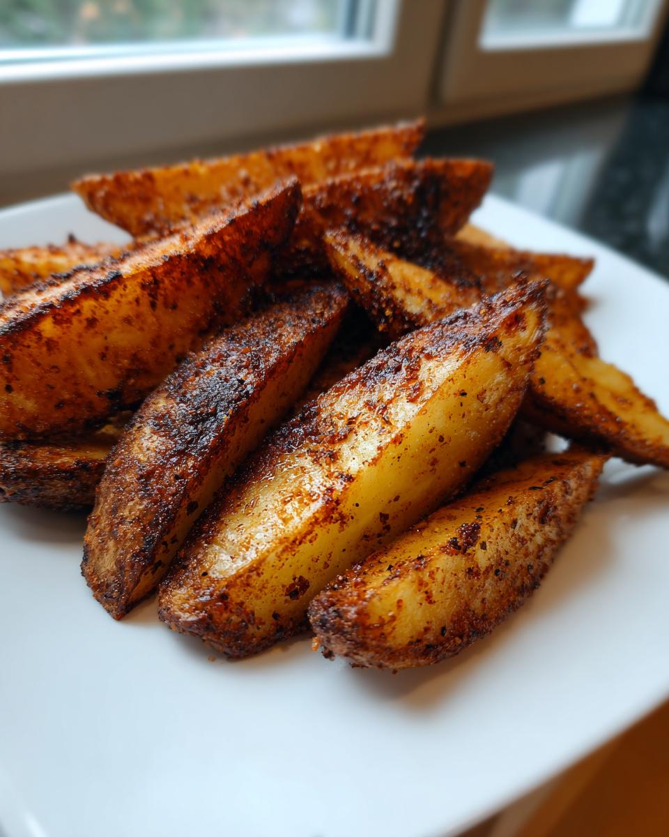 A close-up of golden, seasoned Crispy Baked Jerk Potato Wedges piled on a white plate.