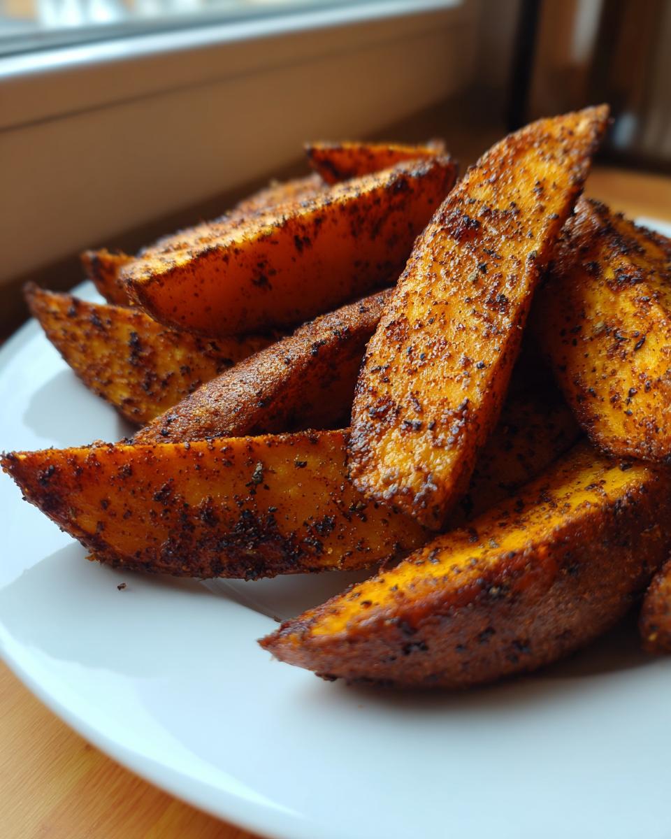 A close-up shot of several Crispy Baked Jerk Potato Wedges piled on a white plate, heavily seasoned.