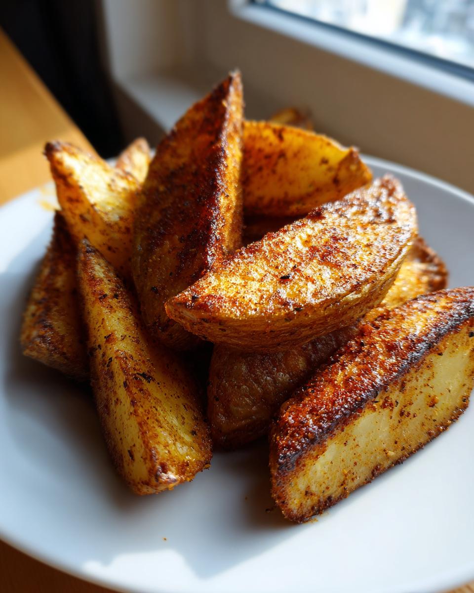 A pile of golden, seasoned Crispy Baked Jerk Potato Wedges served on a white plate near a window.