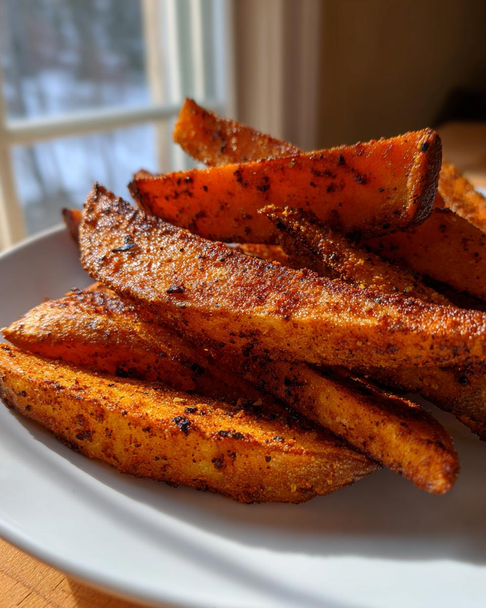 Close-up of a pile of golden brown, seasoned Crispy Baked Jerk Potato Wedges on a white plate.