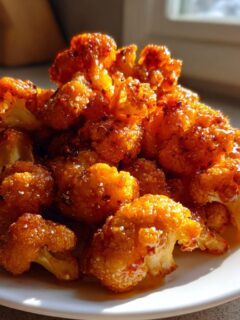 A pile of Crispy Baked Sticky Orange Cauliflower Bites coated in a glossy, orange glaze and sprinkled with sesame seeds.