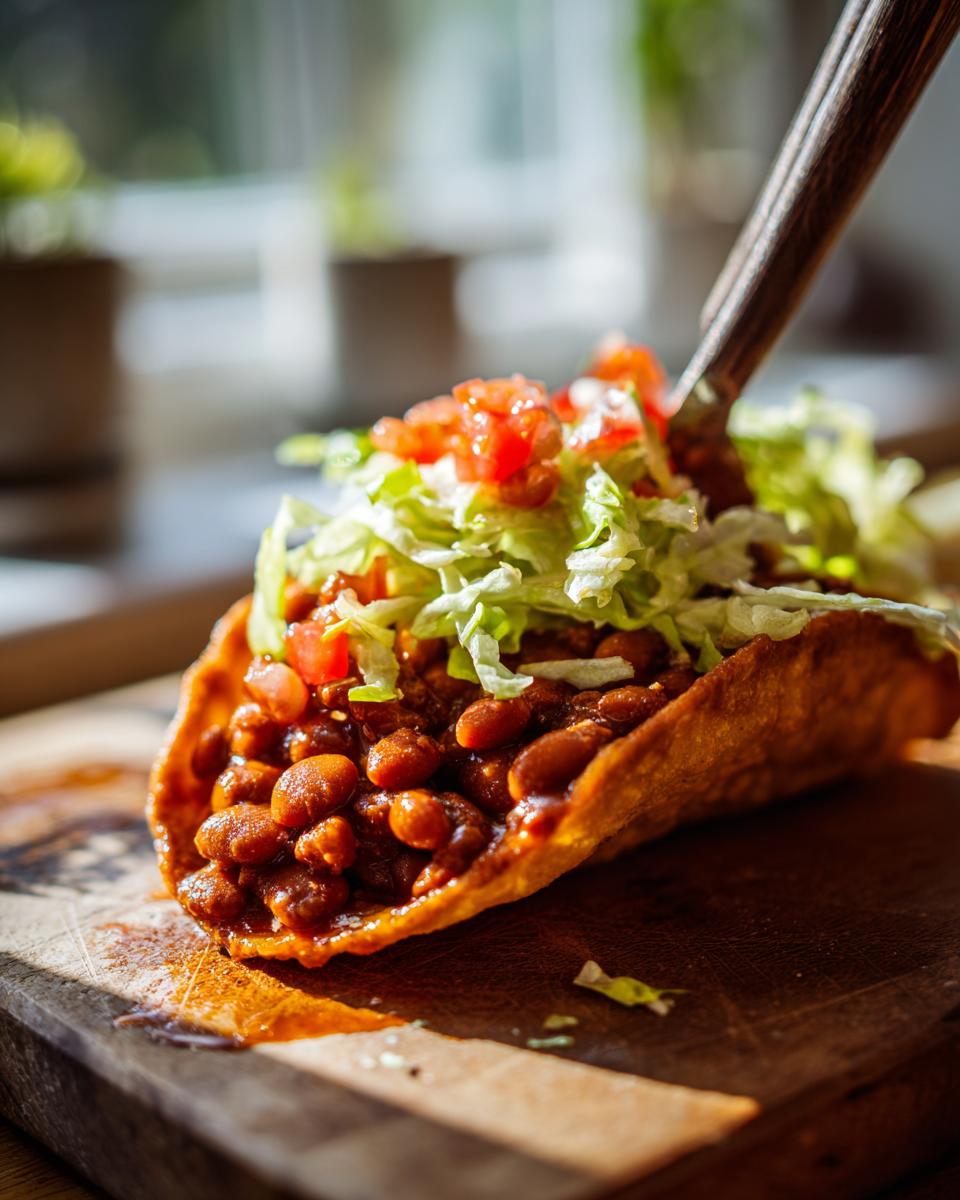 A close-up of a crispy taco shell filled with BBQ pinto beans, topped with shredded lettuce and diced tomatoes.