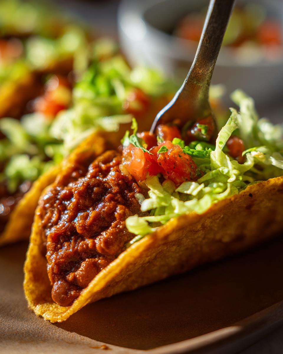 A close-up of a crispy taco shell filled with BBQ pinto bean mixture, lettuce, and tomatoes, with a fork scooping some topping.
