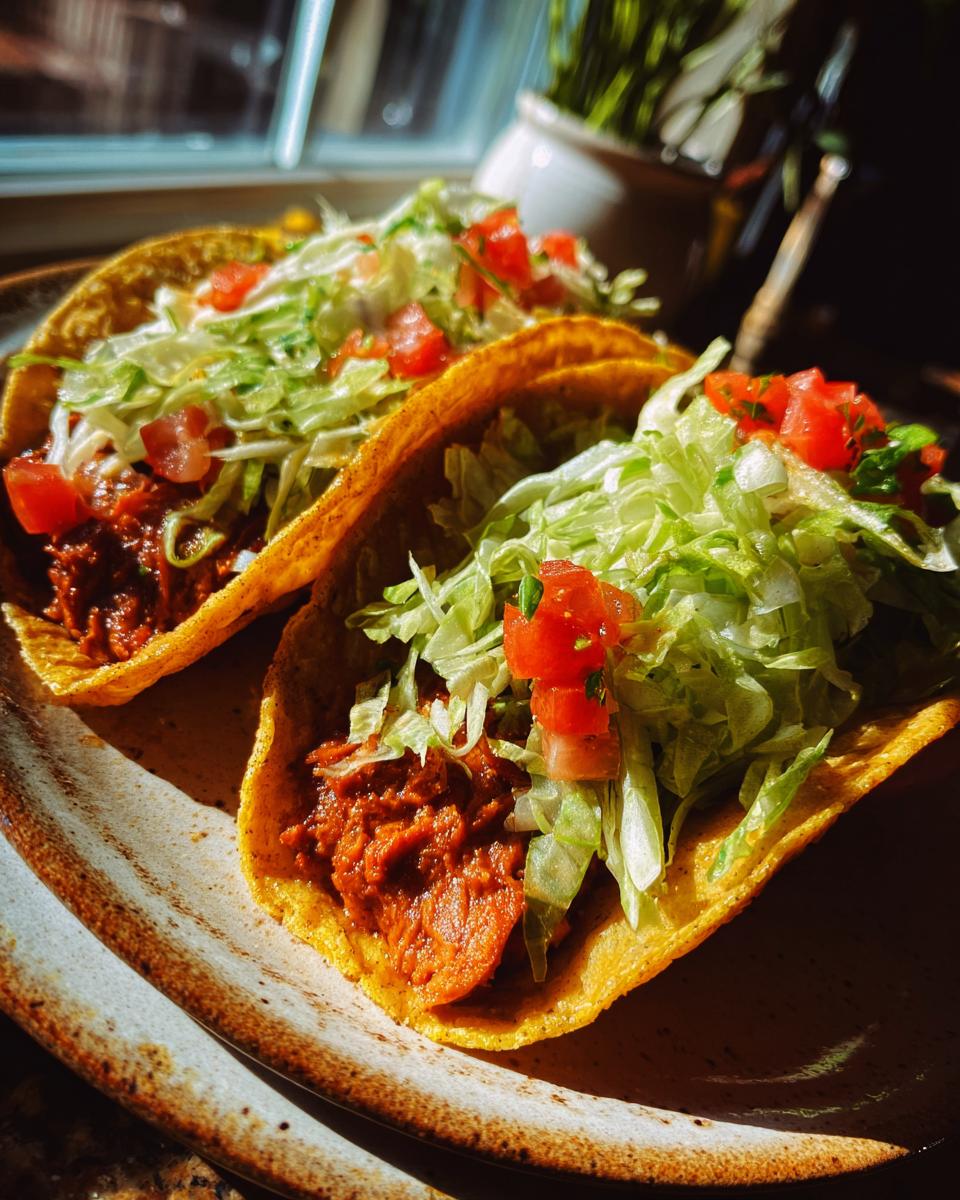 Two crispy shell Crispy BBQ Pinto Bean Tacos filled with seasoned beans, shredded lettuce, and diced tomatoes.