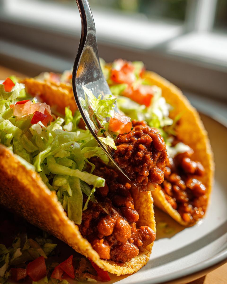 A fork scoops up the saucy filling of one of the Crispy BBQ Pinto Bean Tacos, topped with shredded lettuce and diced tomatoes.