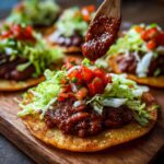 A wooden spoon drizzles BBQ sauce onto a crispy base topped with pinto beans, lettuce, and pico de gallo for Crispy BBQ Pinto Bean Tacos.