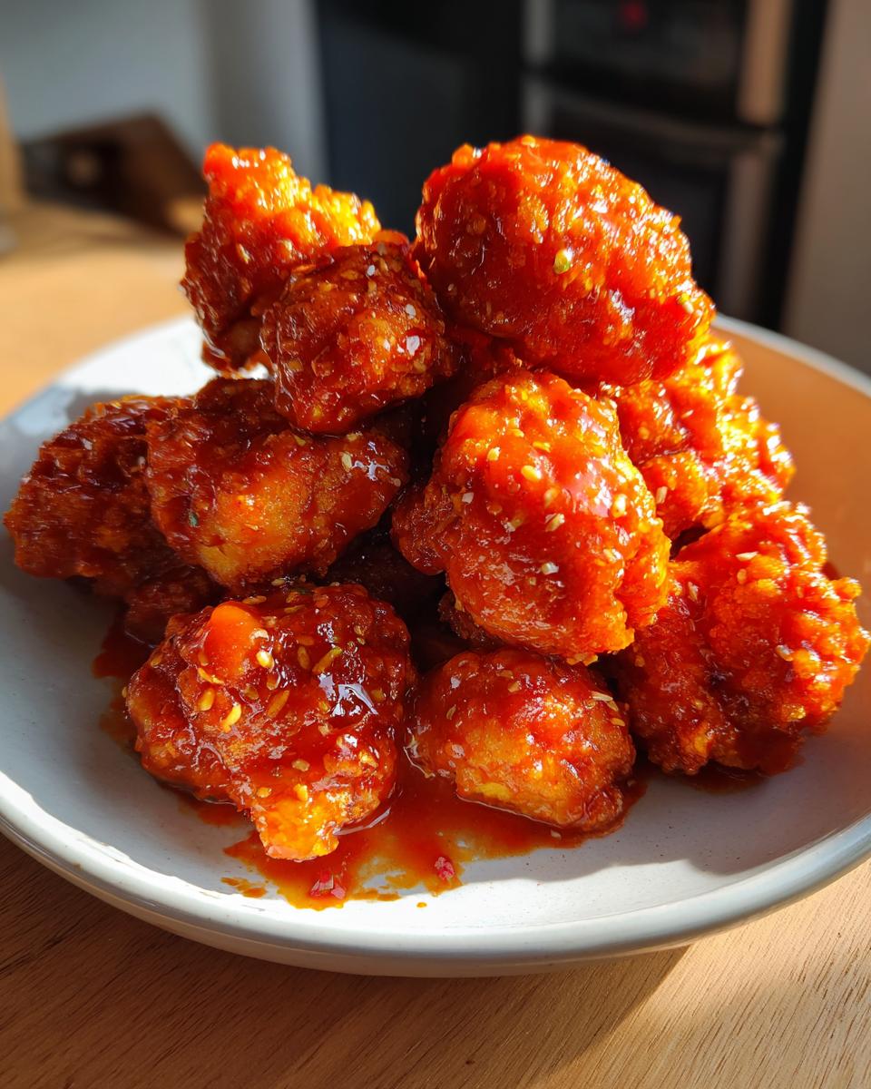 A close-up of a mound of Crispy Buffalo Cauliflower Bites coated in a glossy, bright orange-red sauce and sprinkled with sesame seeds.