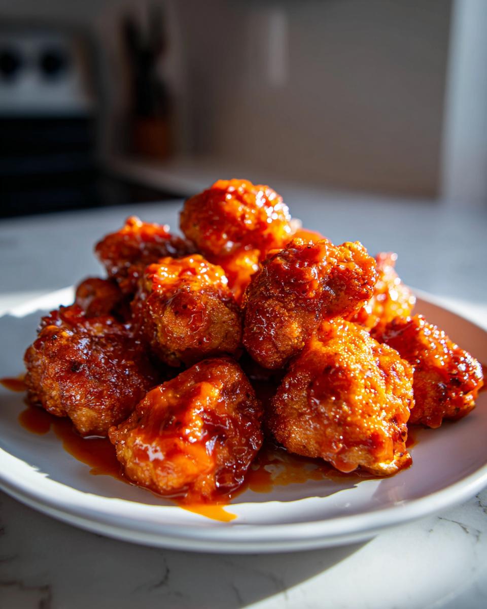 A pile of deep-fried, saucy Crispy Buffalo Cauliflower Bites glistening under natural light on a white plate.
