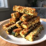 A tall stack of golden brown Crispy Parmesan Zucchini Fries piled high on a white plate.