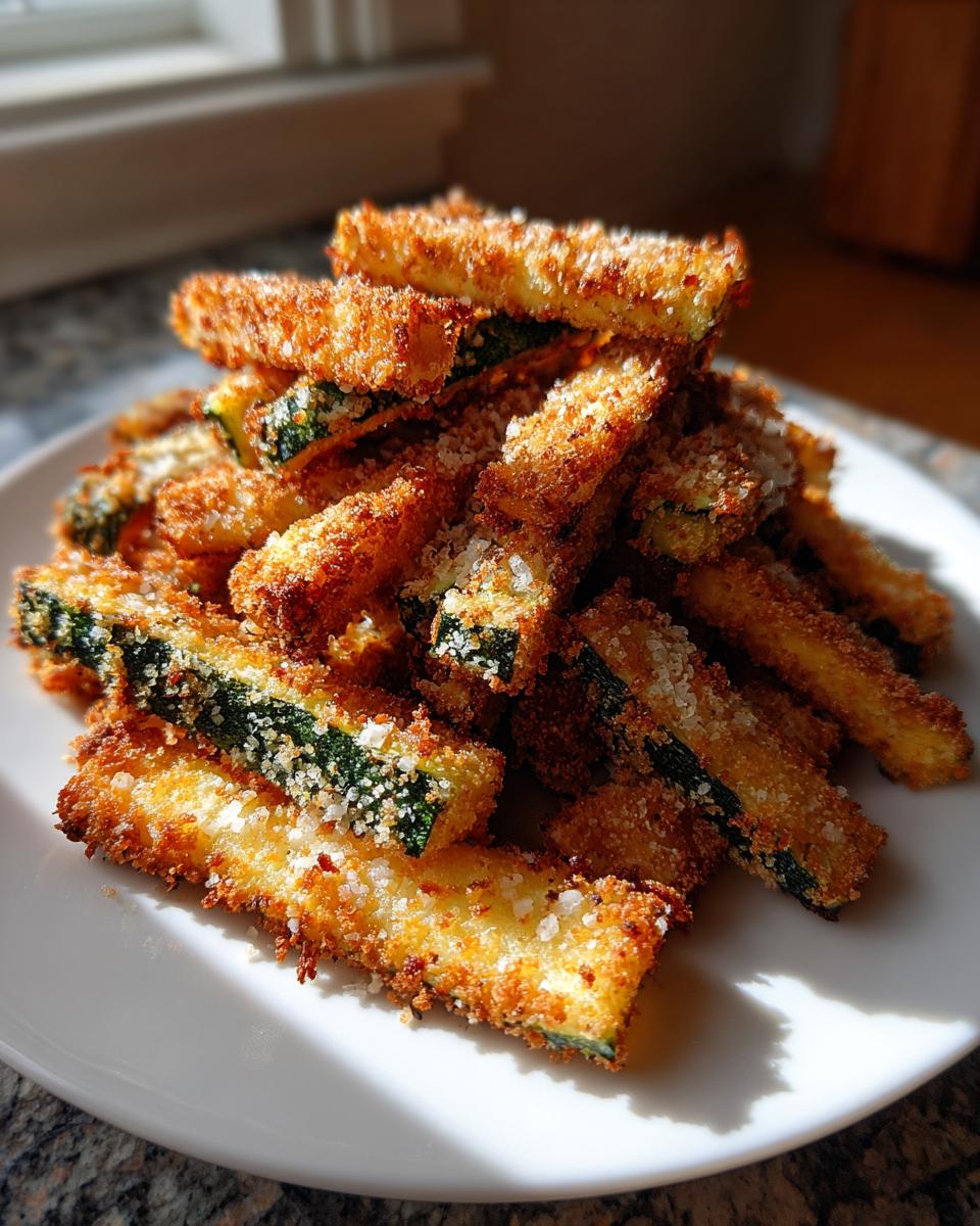 A pile of golden brown Crispy Parmesan Zucchini Fries sprinkled with extra cheese, served on a white plate.