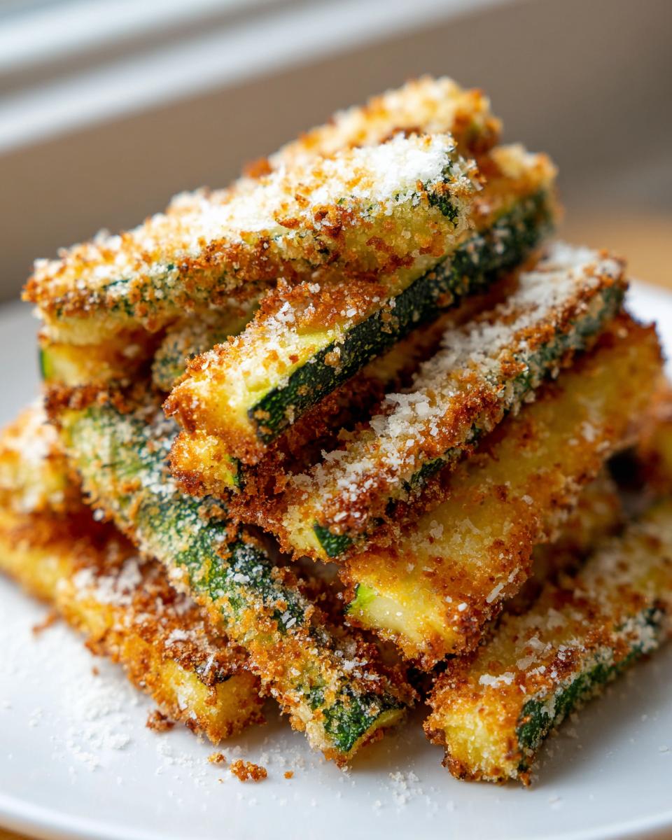 A close-up of a stack of golden brown Crispy Parmesan Zucchini Fries topped with grated cheese.