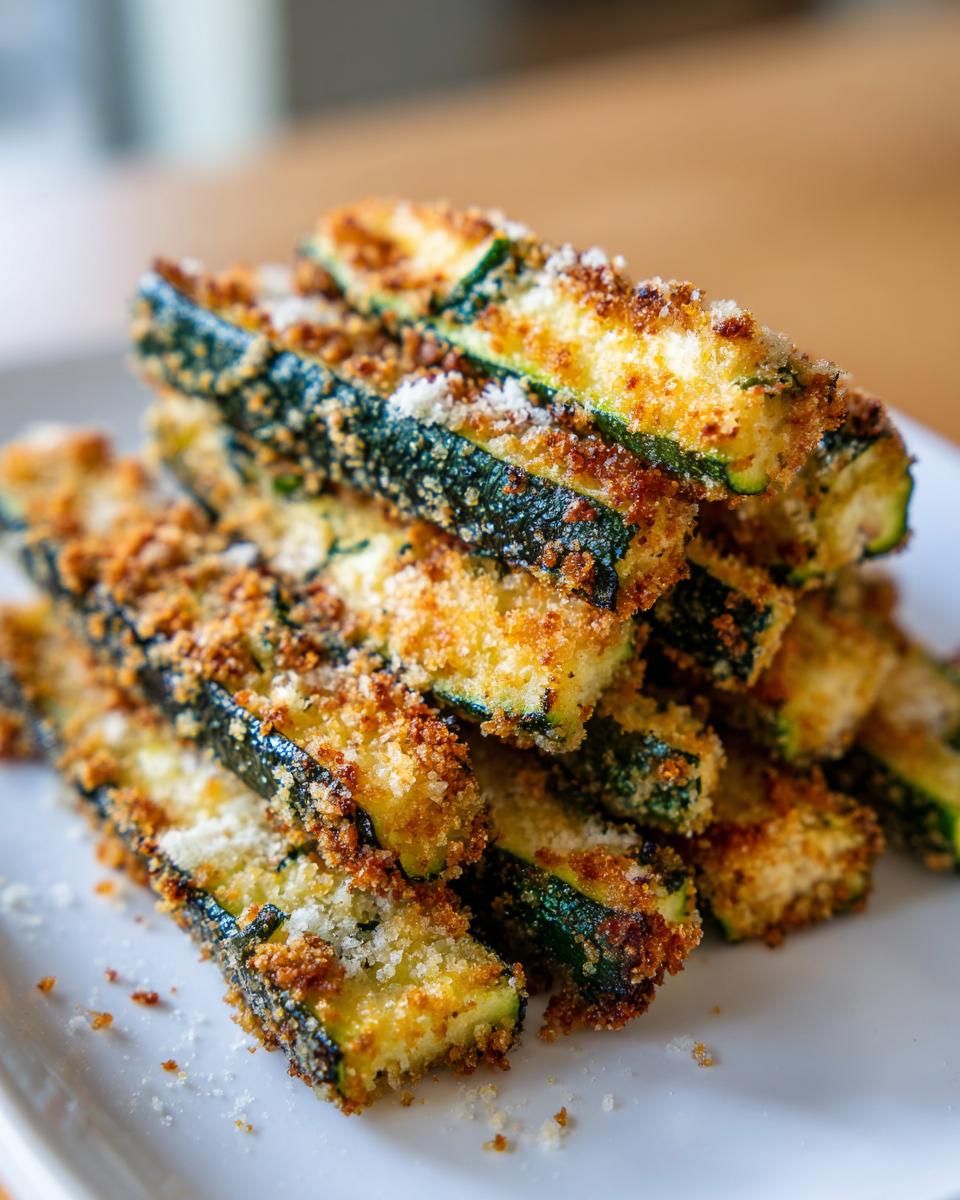 A tall stack of golden brown Crispy Parmesan Zucchini Fries sprinkled with grated cheese on a white plate.
