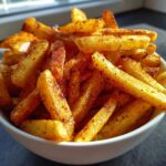 A close-up of a white bowl overflowing with golden, crispy seasoned french fries.