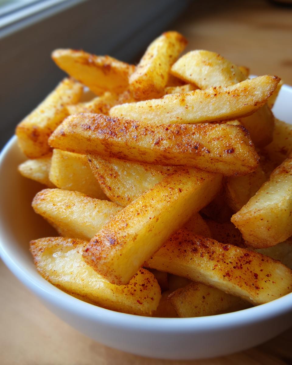 Close-up of thick-cut, golden Crispy Seasoned French Fries dusted heavily with reddish seasoning in a white bowl.