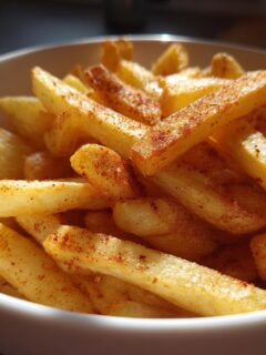 A close-up of golden, crispy seasoned french fries piled high in a white bowl.
