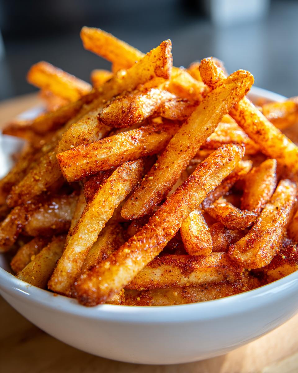 A close-up shot of a white bowl overflowing with golden, crispy seasoned french fries.