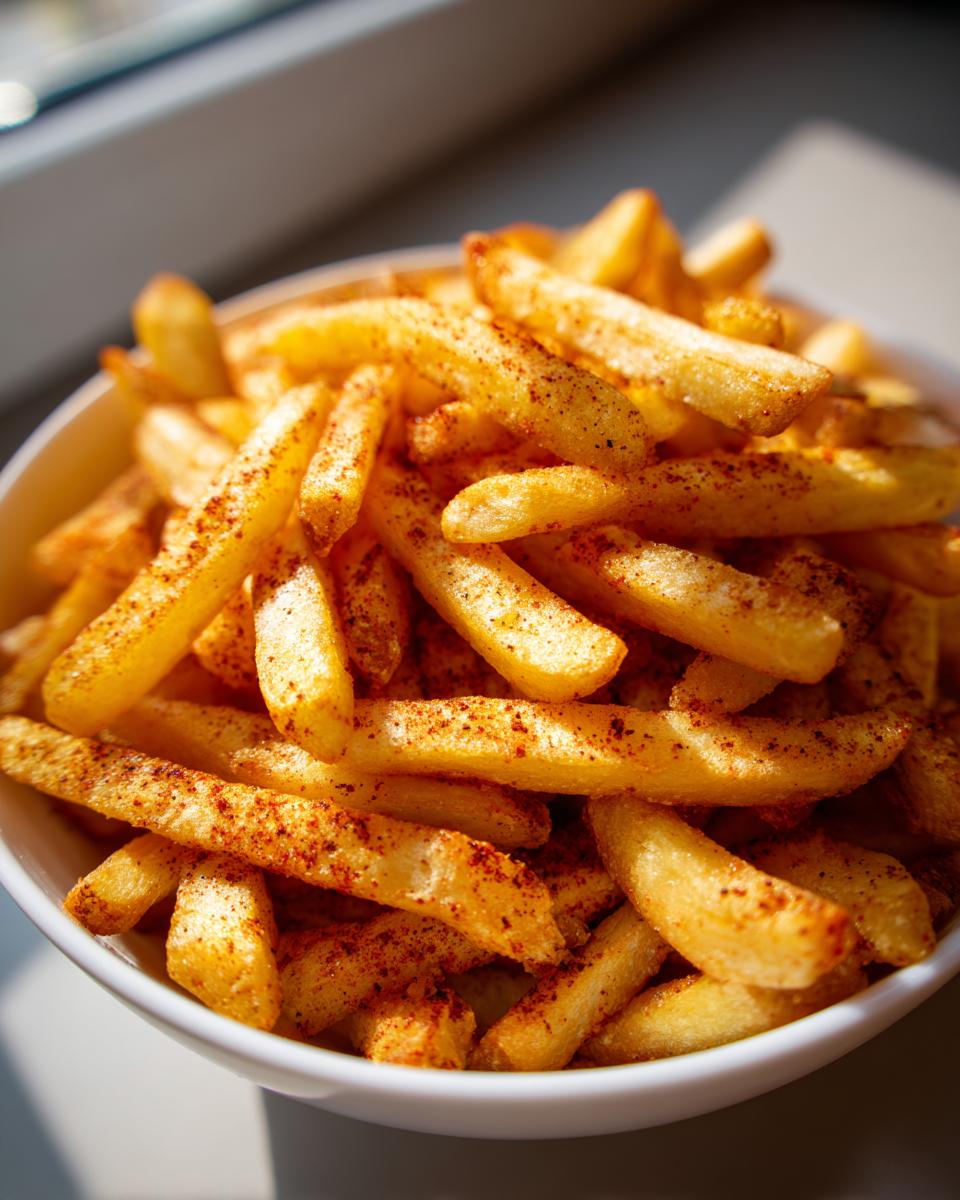 A close-up of a white bowl overflowing with golden, crispy seasoned french fries dusted with paprika.