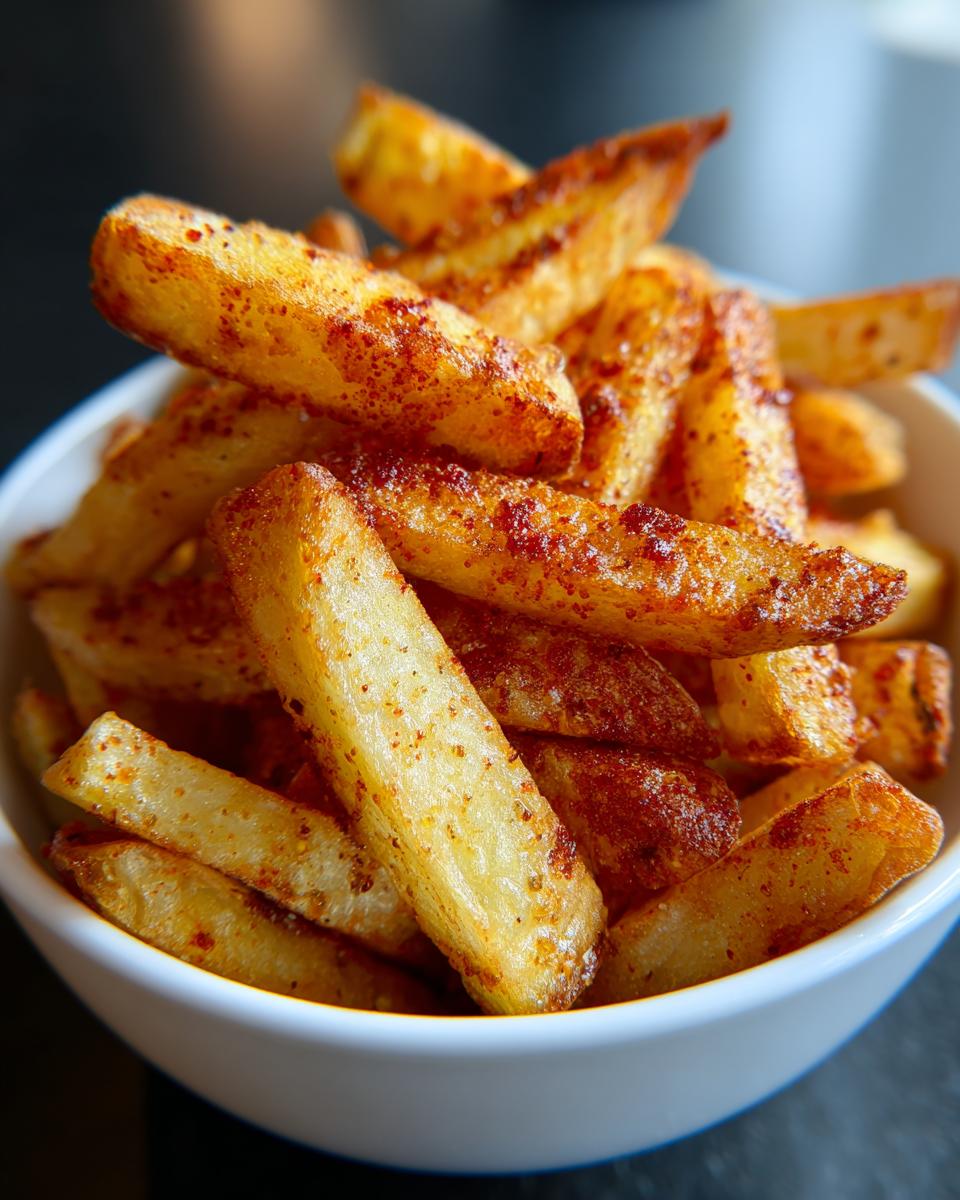 A close-up shot of thick-cut, golden Crispy Seasoned French Fries dusted heavily with reddish seasoning in a white bowl.