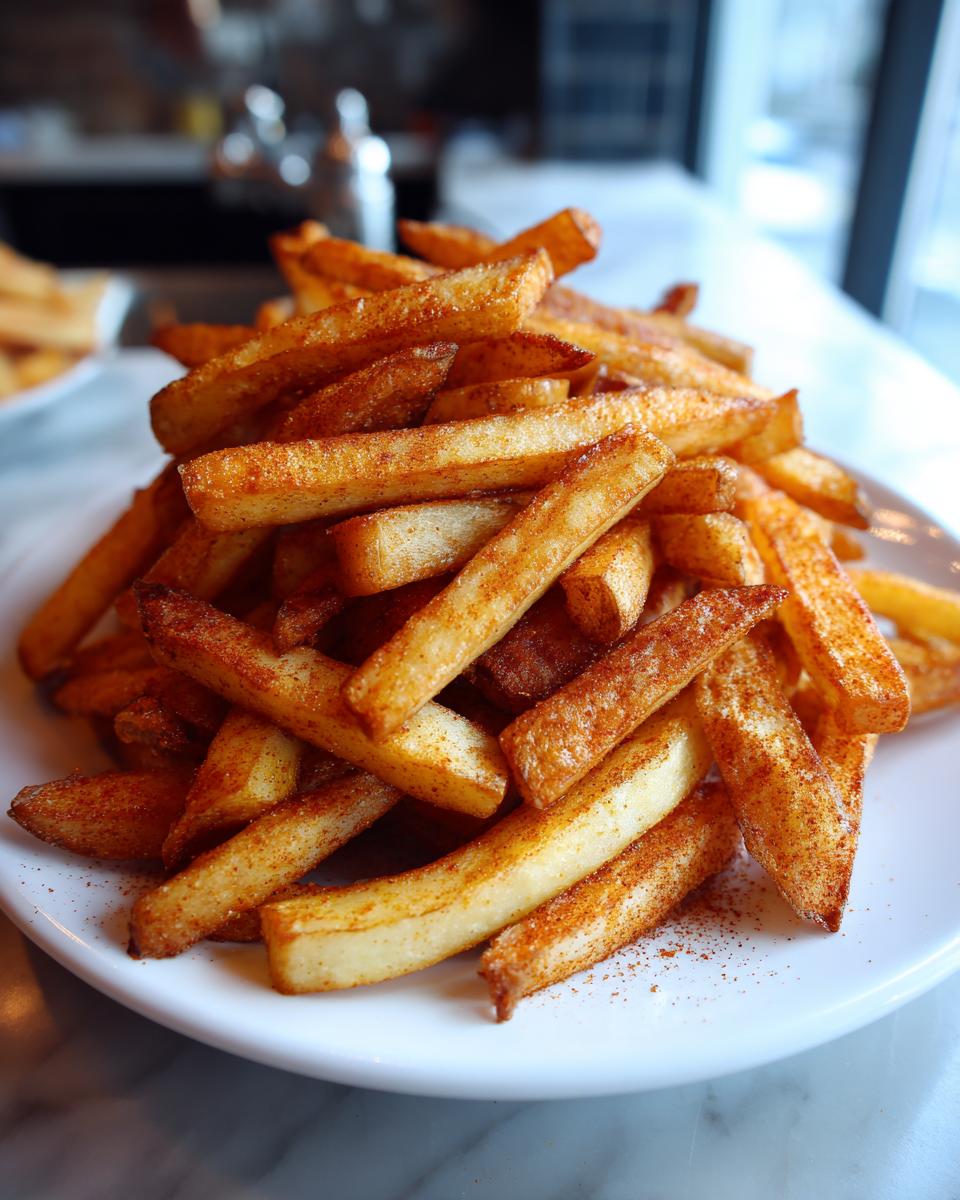 A tall pile of golden, crispy seasoned french fries dusted heavily with spices on a white plate.