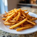 A close-up of a mound of golden, Crispy Seasoned French Fries dusted heavily with spices on a white plate.