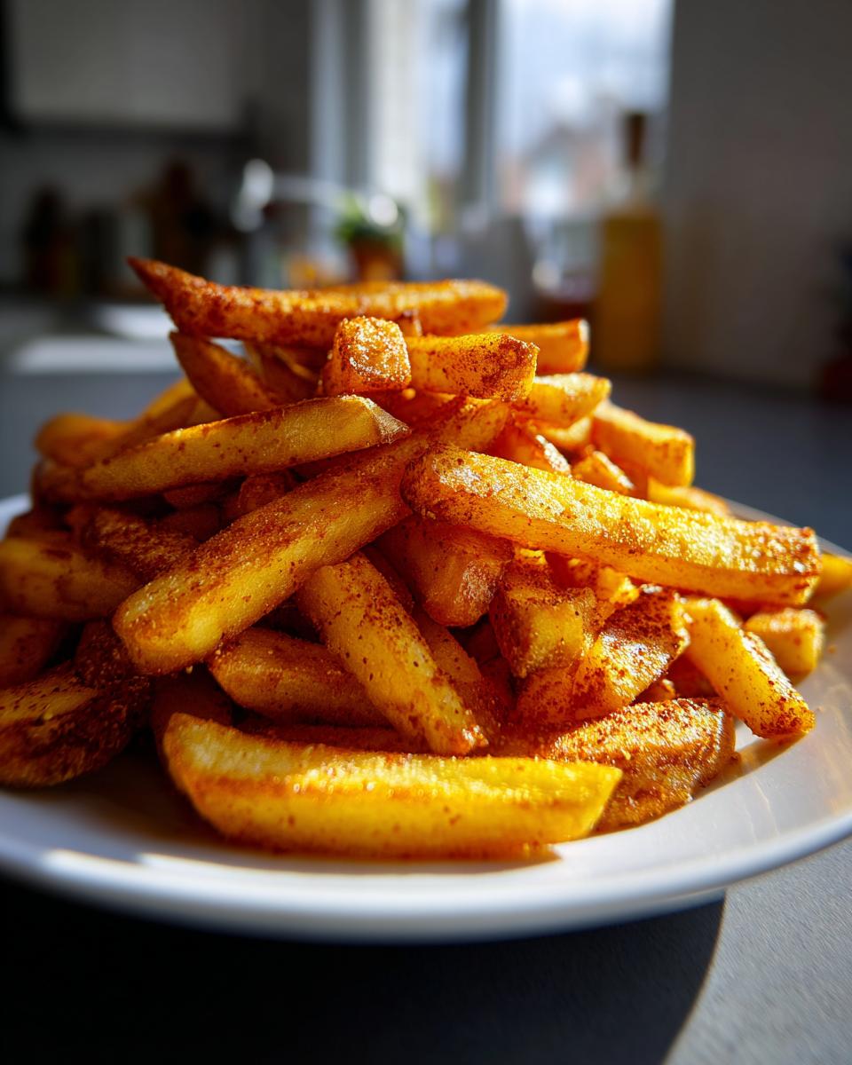 A close-up of a mound of golden, Crispy Seasoned French Fries dusted heavily with paprika and spices on a white plate.