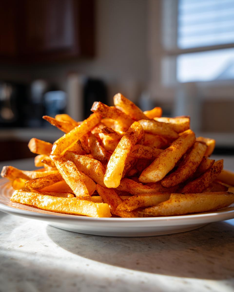 A tall pile of golden, crispy seasoned French fries dusted with spices, served on a white plate.