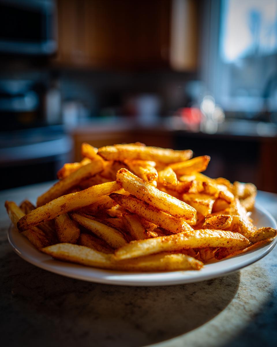 A close-up, low-angle shot of a mound of golden Crispy Seasoned French Fries dusted with spices on a white plate.