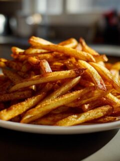 A close-up of a white plate piled high with golden, Crispy Seasoned French Fries, catching the sunlight.