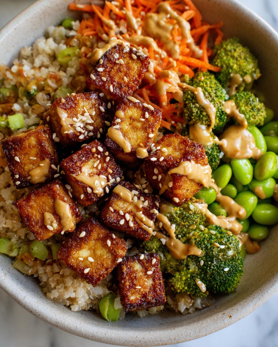 A close-up of a Crispy Tofu Buddha Bowl featuring golden tofu cubes, broccoli, edamame, shredded carrots, and peanut sauce.