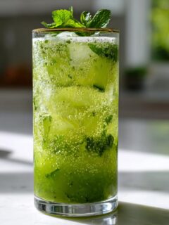 A tall glass filled with a vibrant green Cucumber Ginger Mint Mocktail, garnished with fresh mint leaves.